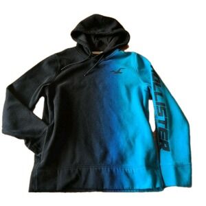 Hollister Men's Med Blue Black Ombre Hoodie Sweatshirt Pockets Logo Graphic EUC